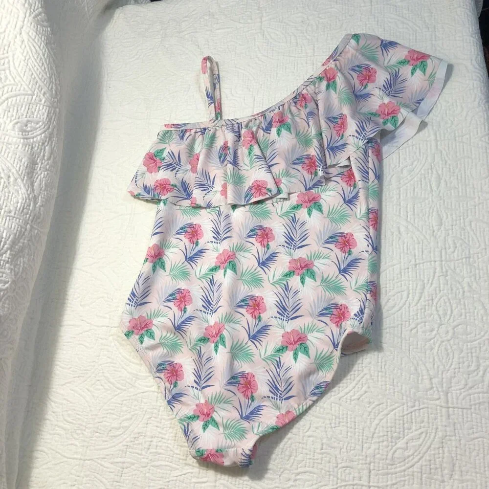 NWT Janie And Jack Swimsuit Girls Floral One-Shoulder Sz 10 Protection